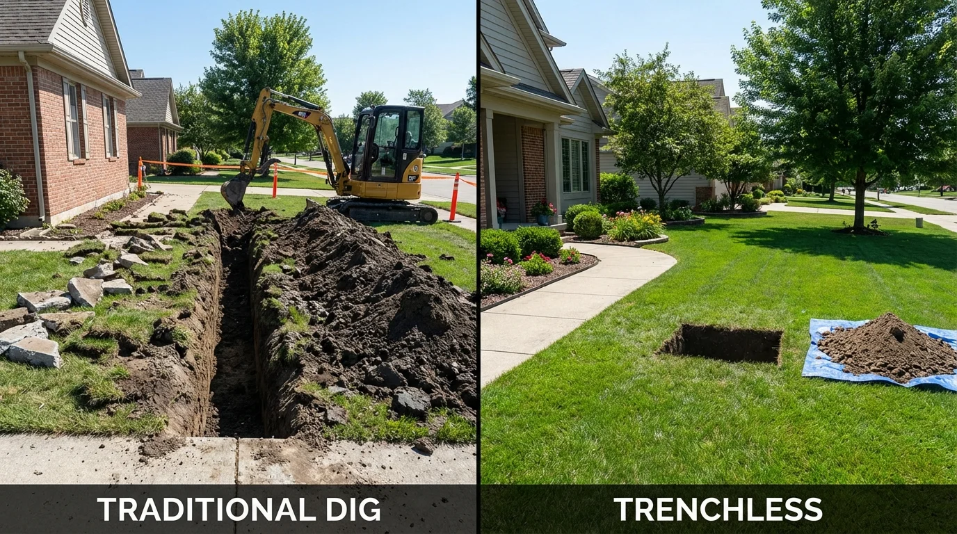 Trenchless sewer repair with minimal yard damage versus traditional excavation in Becket, MA