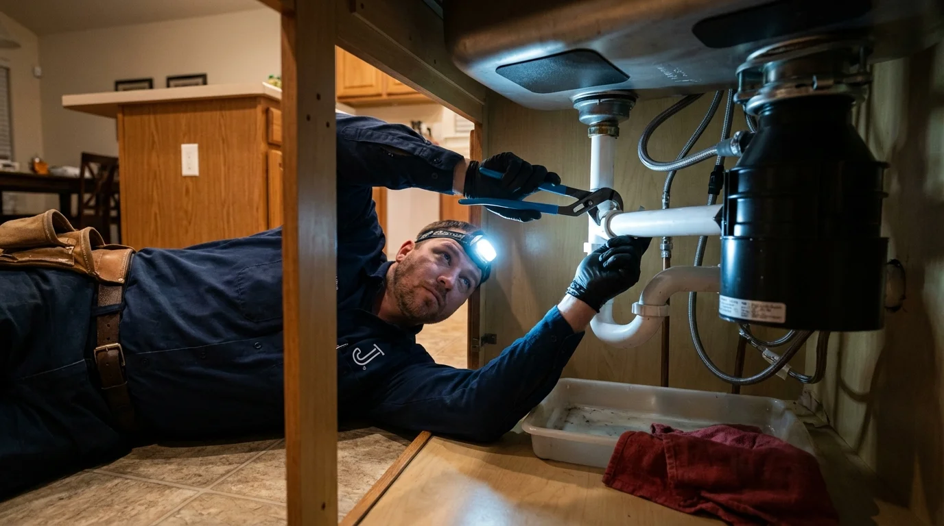 P-trap and supply line connections under a kitchen sink showing a common leak point in Becket, MA